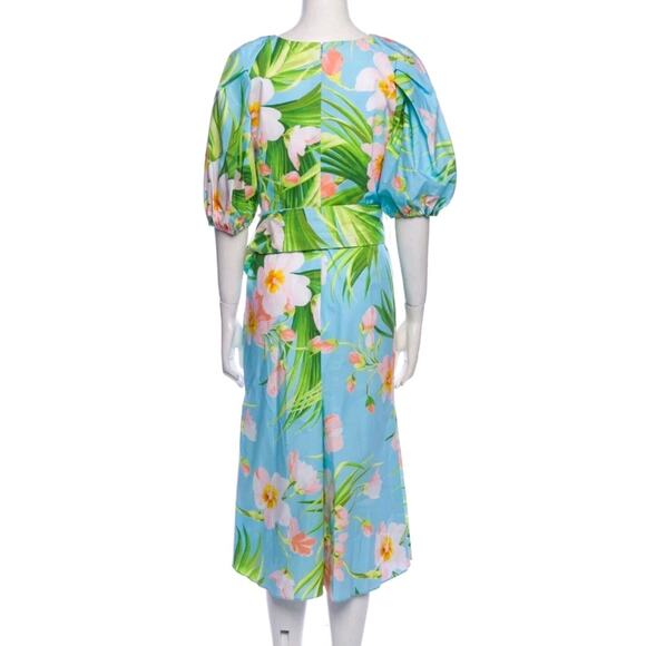 Carolina Herrera Blue Floral-Print Ruched Poplin Sleeve MIDI Dress Size 8 (V3 - Picture 9 of 9